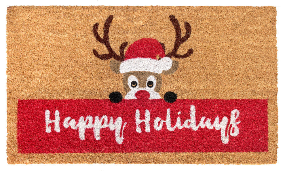 RugSmith Red Machine Tufted Happy Holidays Reindeer Doormat, 18" x 30"