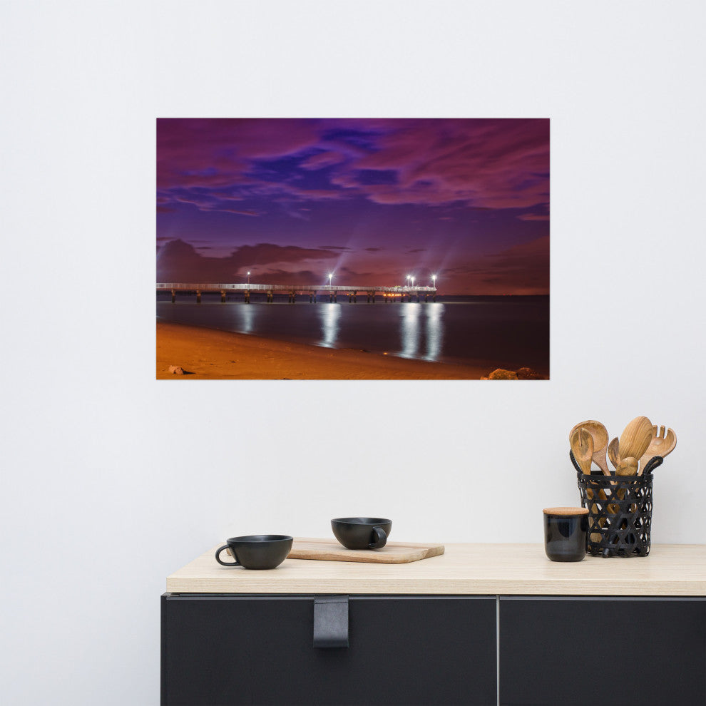 The Pier at Woodland Beach Night Coastal Photo Unframed Wall Art Print, 24" X 36"