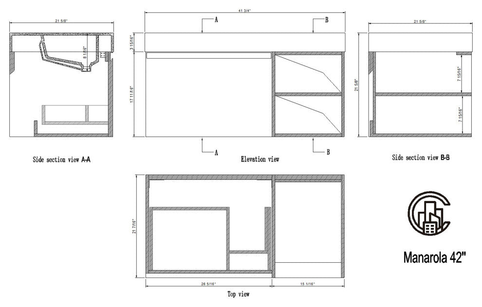 Manarola Matte Black with Thick Quartz Wall Mount Vanity, Open Shelf, 42"