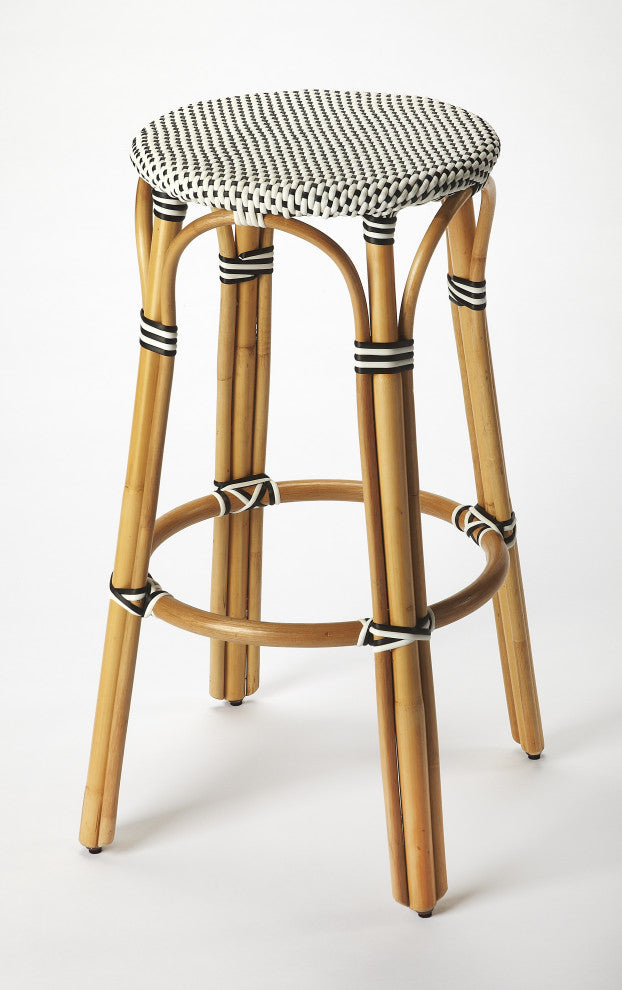 Tobias Rattan Bar Stool, Black and White, Diamond