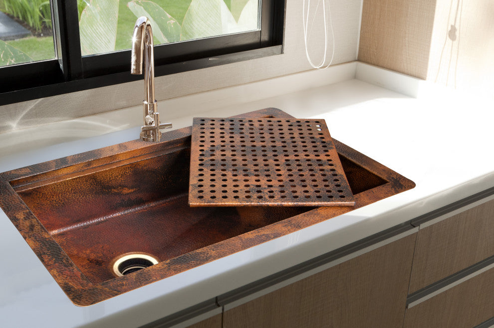 33" Drop-in One Bowl Hammered Copper Kitchen Sink w/ Removable Grill, 16 Gauge