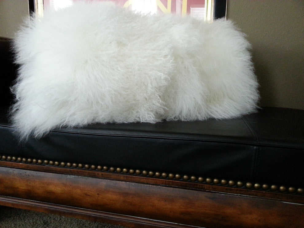 Gambrell Renard Mongolian Lamb with Brown Leather Bolster Pillow