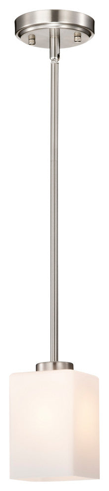 1-Light Brushed Nickel Mini Pendant With Square Shaped White Glass Shade