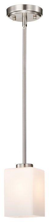 1-Light Brushed Nickel Mini Pendant With Square Shaped White Glass Shade