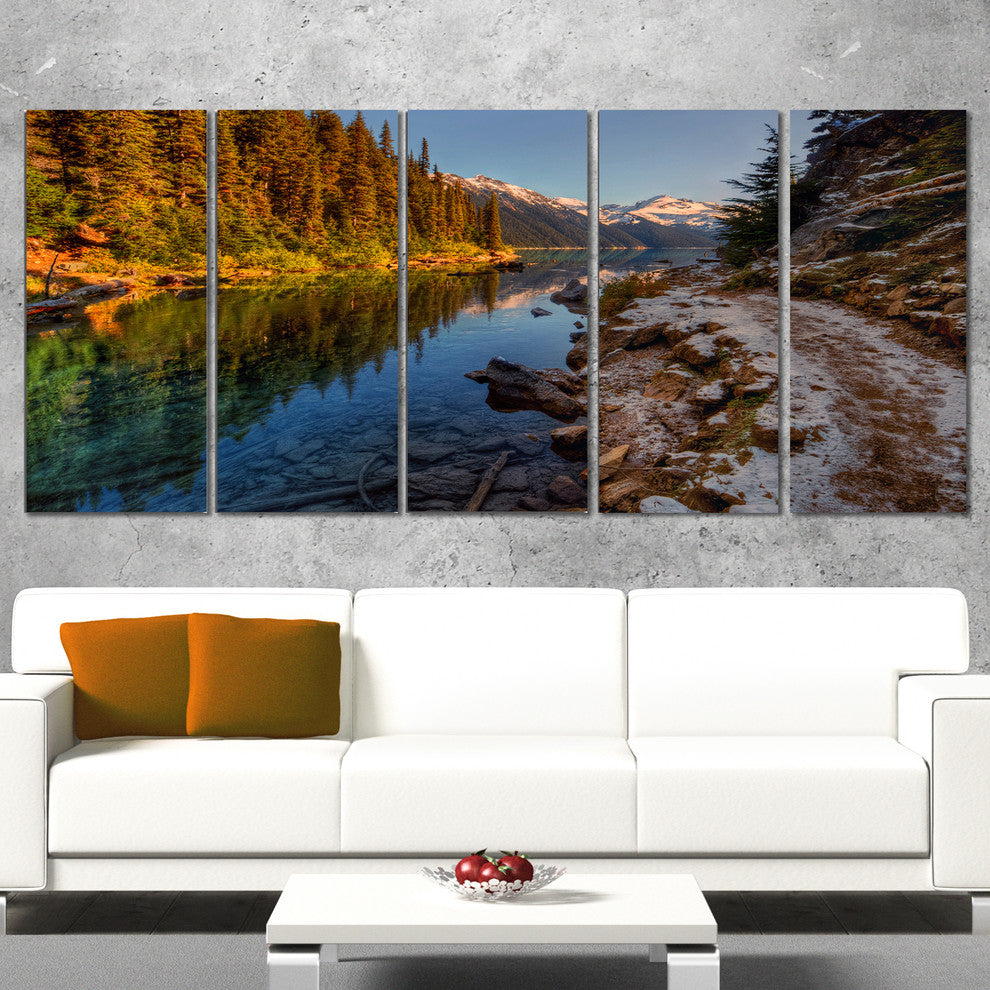 Placid Lake between Mountains, Landscape Canvas Print, 60"x28", 5 Panels