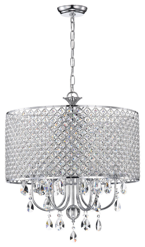 5-Light Chrome Round Beaded Drum Chandelier With Hanging Crystals