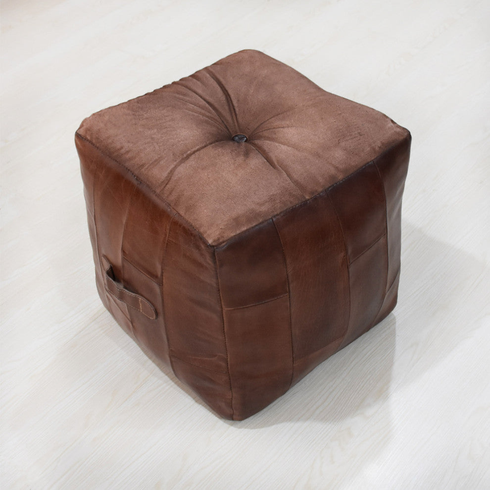 Geometric Handmade Leather Pouf (Recycled Foam with Fibre Fill) Black, [Square] 18x18x18