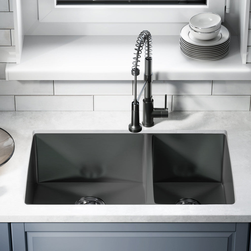 Rivage 33 x 20 Stainless Steel, Dual Basin, Undermount Kitchen Sink, Black