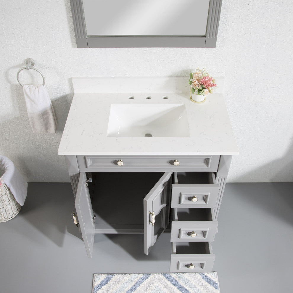 Solid Wood Bathroom Vanity with Quartz Top and cUPC Certified Sink, Titainum Grey, 36 Inch