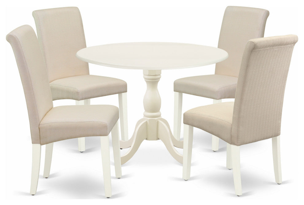 5 Pc Dining Set, 1 Drop Leaves Dining Table, 4 Cream Chair, Linen White Finish