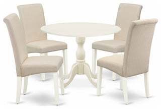 5 Pc Dining Set, 1 Drop Leaves Dining Table, 4 Cream Chair, Linen White Finish