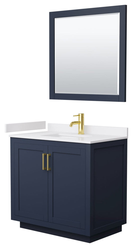 36"SGL Vanity Dark Blue, White Cult. Marble Top, Sink, Gold Trim, 34"Mirror