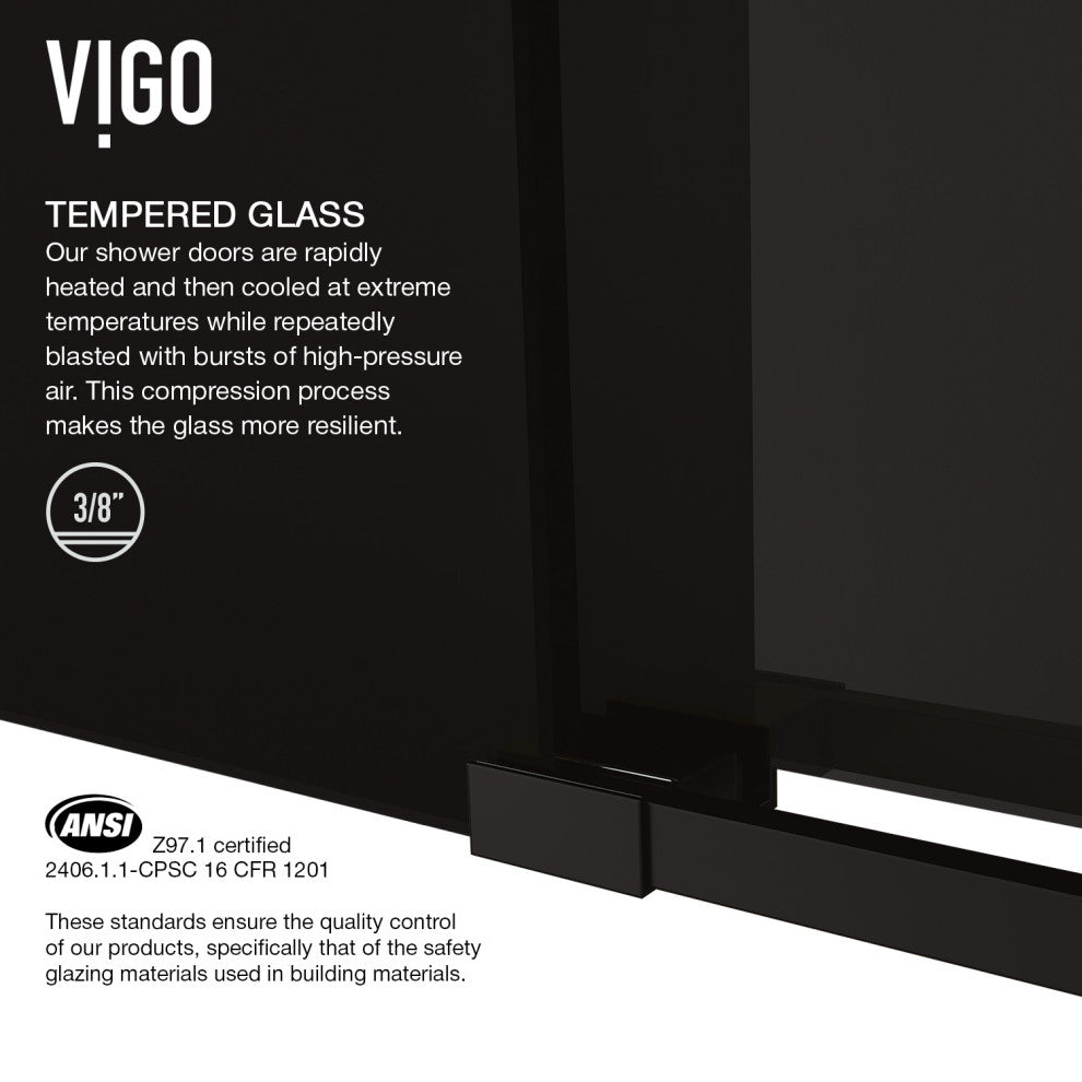 VIGO Elan 56" to 60" W x 74" H Frameless Sliding Shower Door, Matte Black, Black Tint Glass