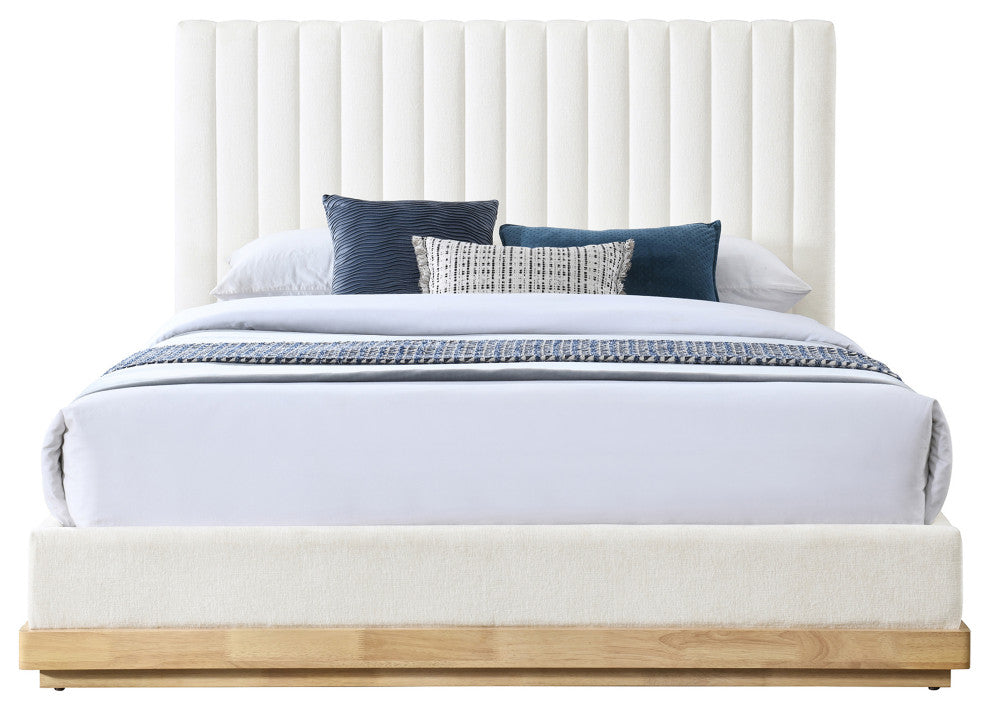 Emmet Upholstered Bed, Cream, King, Chenille, Natural Finish