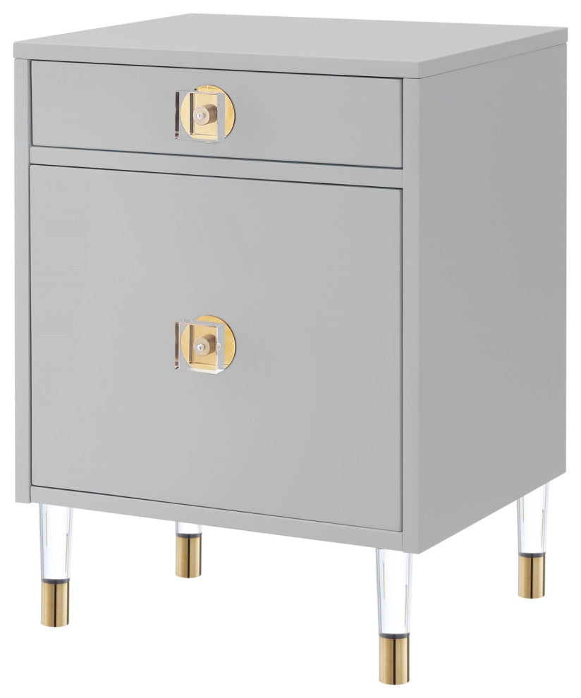 Nicole Miller Anatolio Nightstand High Gloss Acrylic Knob and Legs, Light Gray