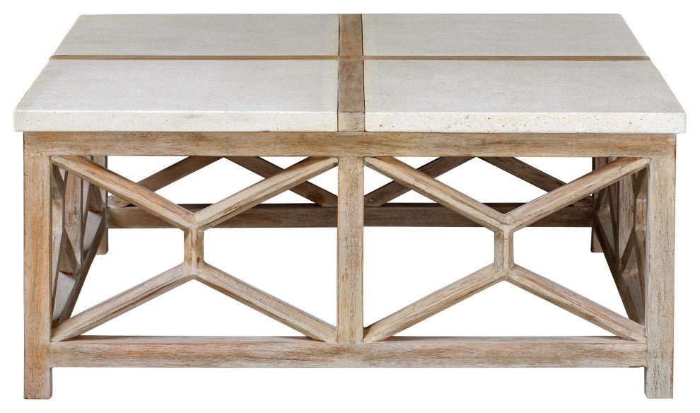 Open Light Weathered Wood Coffee Table Stone Top X Natural Minimalist Square