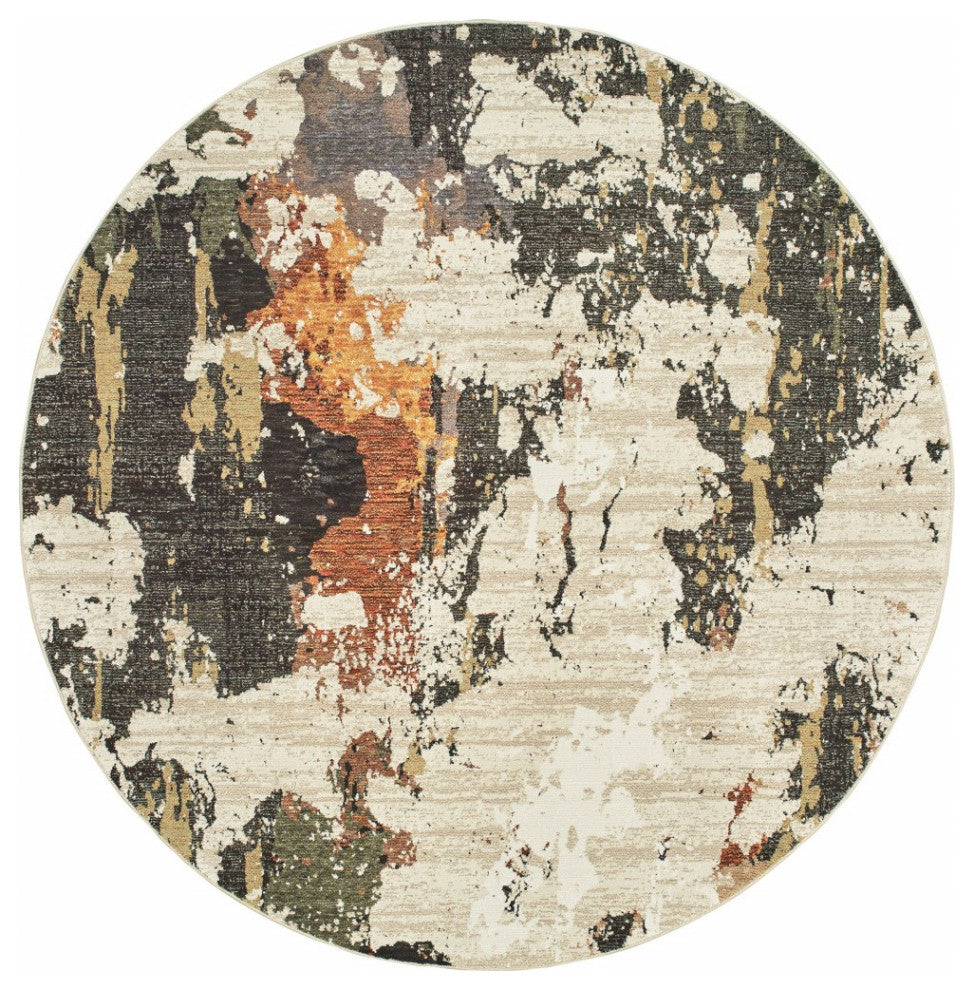 8??Round Abstract Weathered Beige And Gray Indoor Area Rug