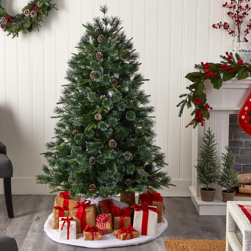 4' Snowed Tipped Clermont Mixed Pine Faux Xmas Tree W/Lights, Pinecones