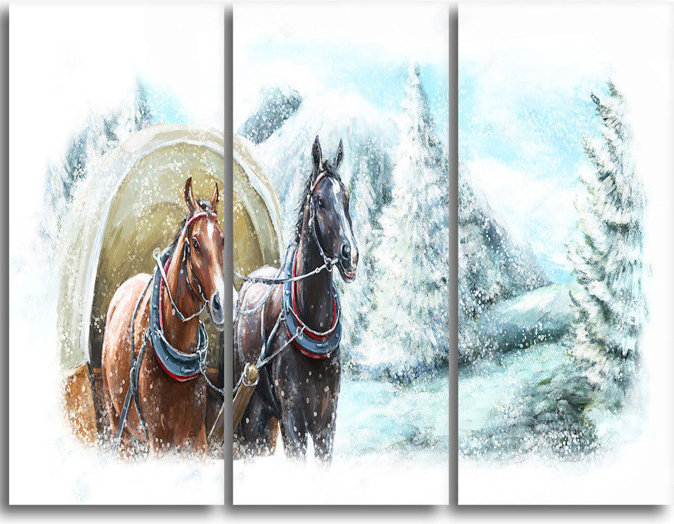 "Painted Scene With Horses in Winter" Metal Wall Art, 3 Panels, 36"x28"