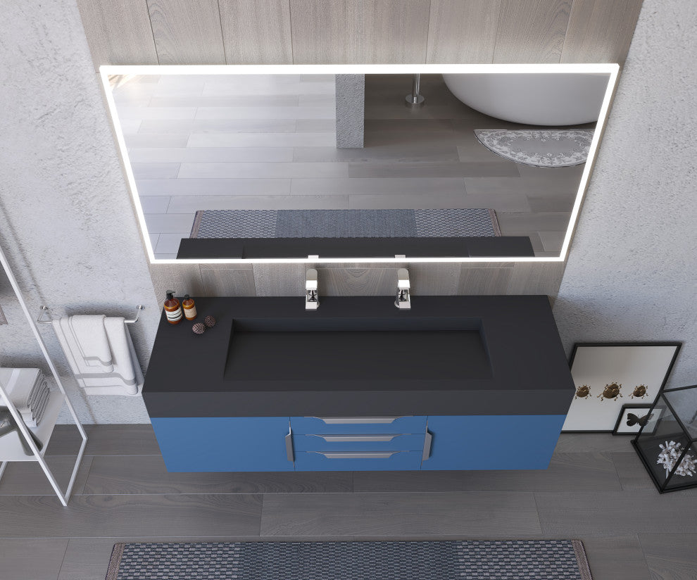CastelloUSA Nile 60" Wall Mounted Vanity Set, Blue, Black Top, Chrome Handles