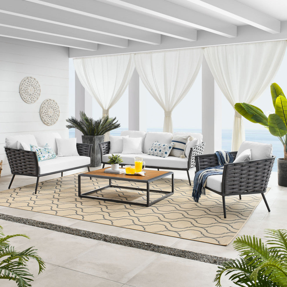 Lounge Sectional Sofa Chair Table Set, Aluminum, Modern, Outdoor, White