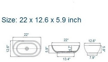 ADM Oval Countertop Vessel Sink, White, 22", Matte White