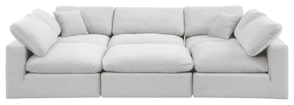 Comfy Upholstered U-Shaped Modular Sectional, Cream, 6-Piece: 3 Armless Chair, 2 Corner Chair, 1 Ottoman, Velvet