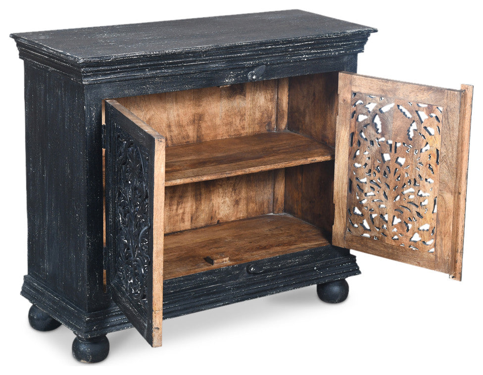 Luna Black Hand Carved 2 Door Accent Cabinet