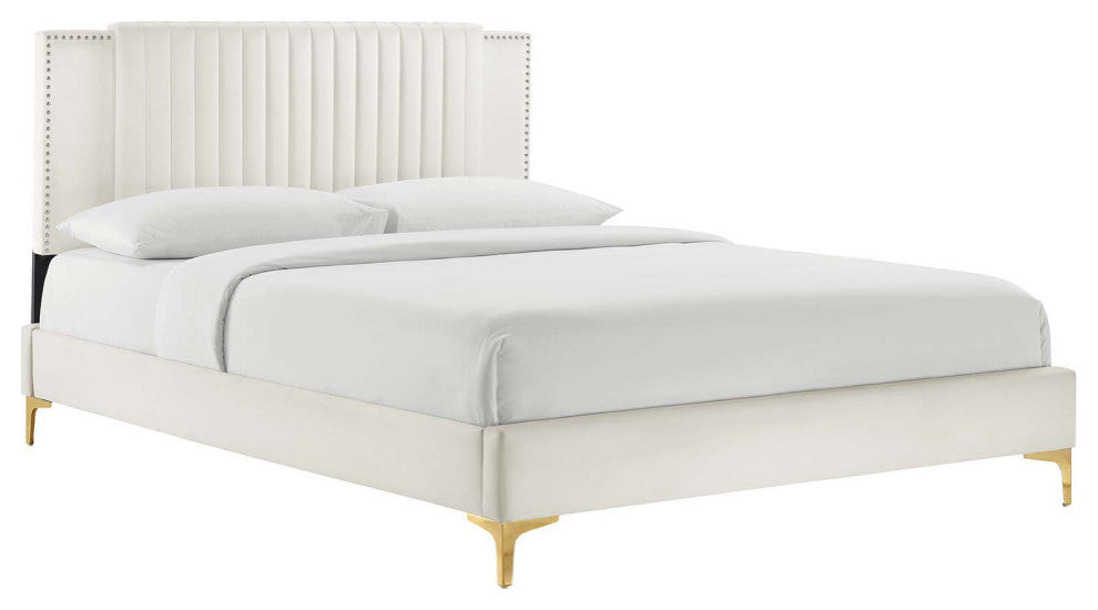 Zahra Channel Tufted Performance Velvet King Platform Bed, White