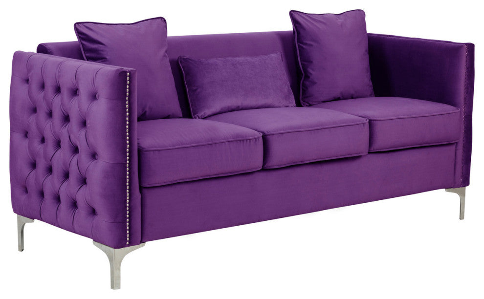 Bayberry Velvet Sofa With 3 Pillows, Purple
