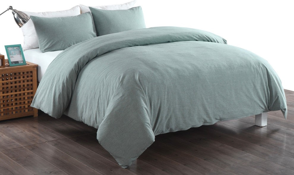 Messy Bed Washed Cotton Duvet Cover and Sham Set, Green, King