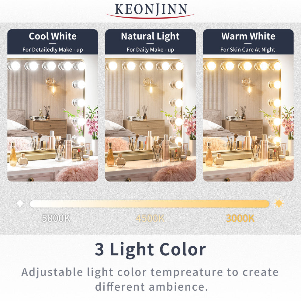 Hollywood Vanity Mirror, Lights,3 Color Lighting Modes, Memory, Gold, 23x18