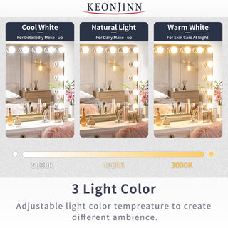 Hollywood Vanity Mirror, Lights,3 Color Lighting Modes, Memory, Gold, 23x18