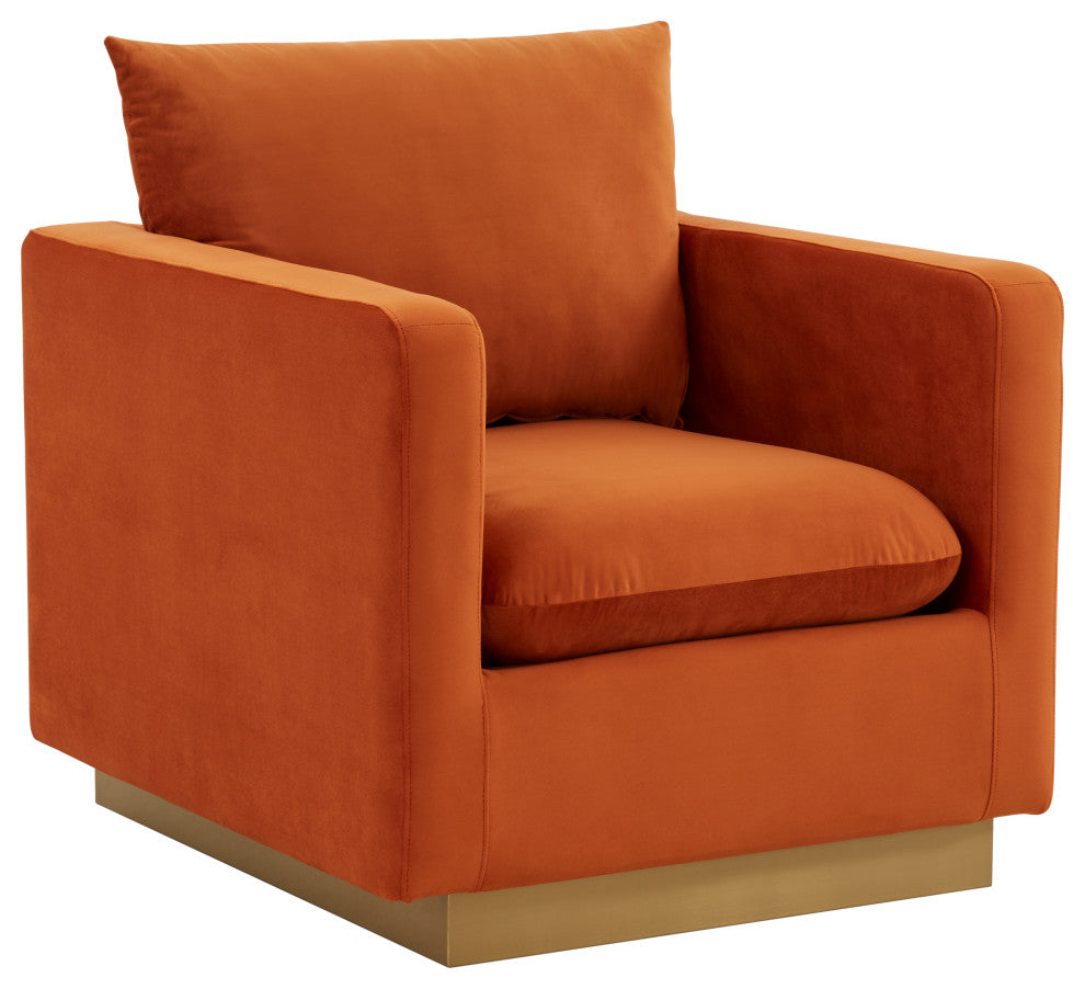 LeisureMod Nervo Modern Velvet Accent Arm Chair With Gold Base, Orange Marmalade