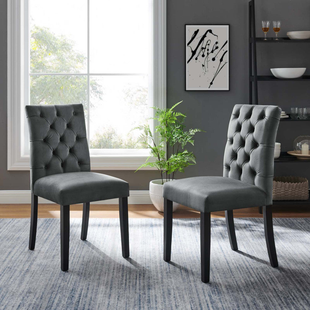 Side Dining Chair, Set of 2, Gray, Velvet, Modern, Cafe Bistro Hospitality