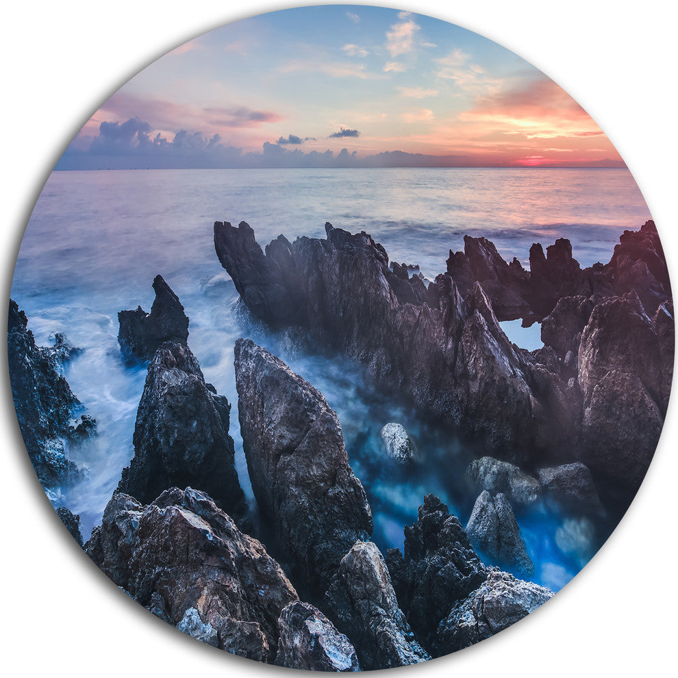 Blue Sunrise Over Coast Of Sicily, Beach Round Metal Wall Art, 11"