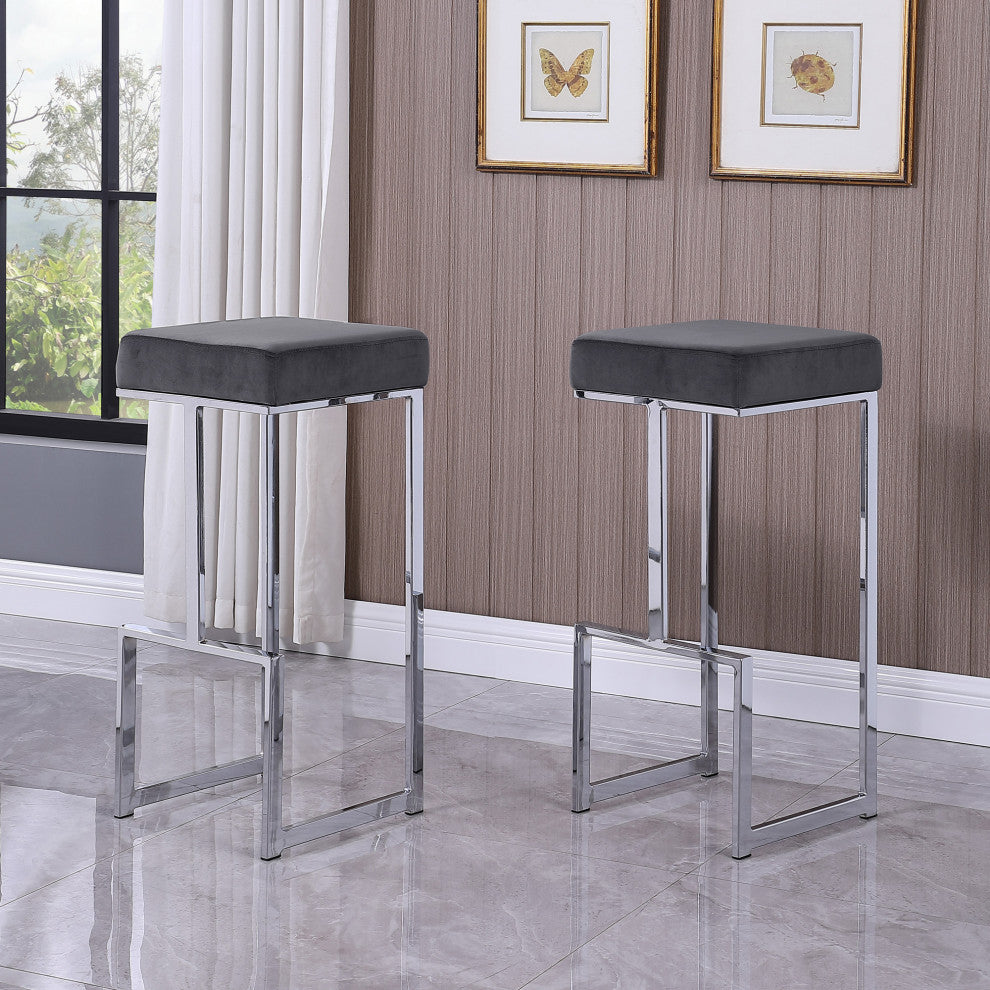 Jakob Backless 31" Bar Stool, Stainless Steel, Set of 2, Velvet Gray