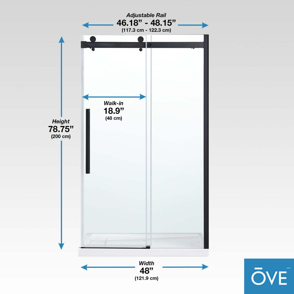 Bel Soft-Close Frameless Sliding Soft Close Shower Door, Matte Black, 48"