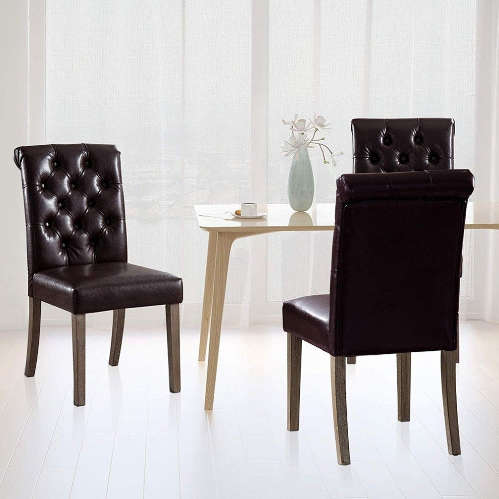 Button Tufted Armless Dining Room Chairs, Set of 2, Brown