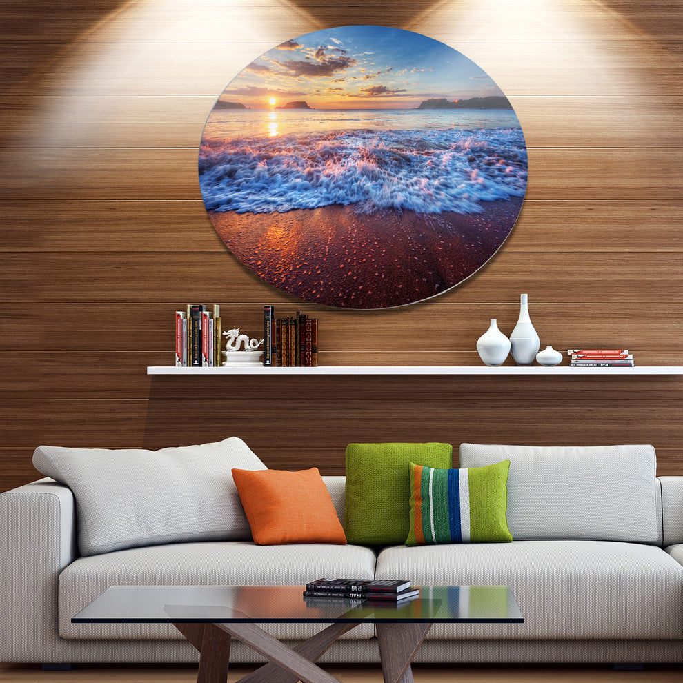 Blue Sea Waves During Sunset, Seashore Art Disc Metal Wall Art, 23"