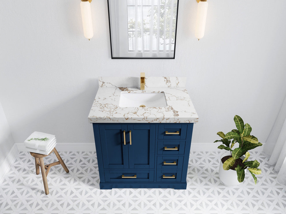 Boston 36" Center Sink Bath Vanity in Navy Blue 2" Viola Gold