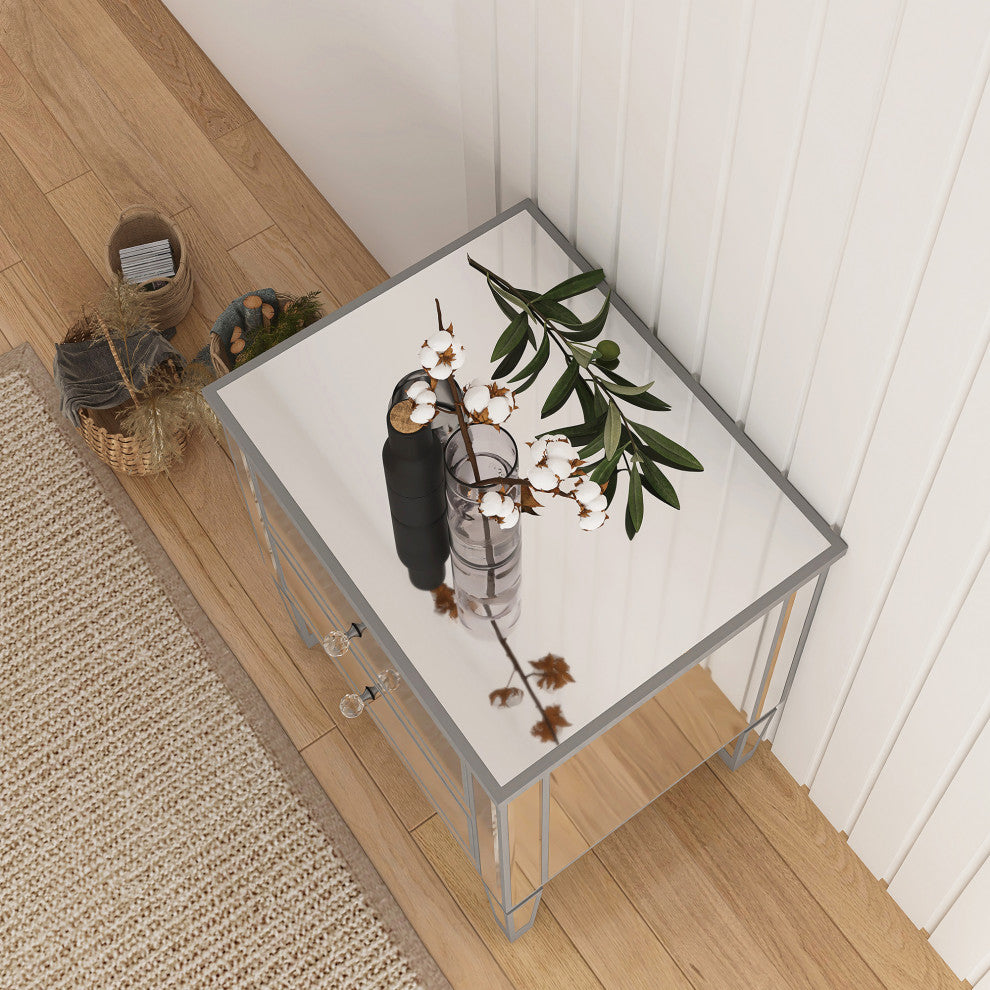 2-Drawer Mirrored Nightstand in Silver