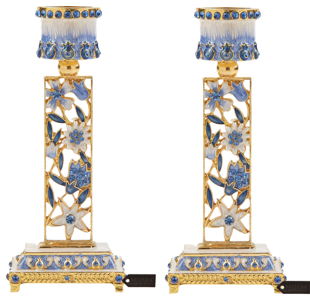 Matashi Shabbat Candlestick Holder (2-Piece Set) Hand-Painted,  Pewter(Blue)