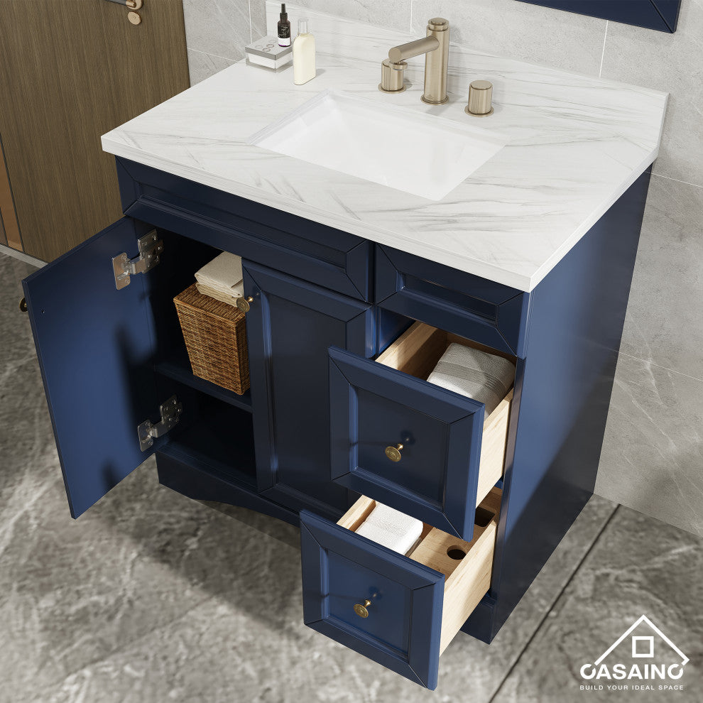 Single Sink Bath Vanity in Navy Blue with White Marble Top and Basin, 36in