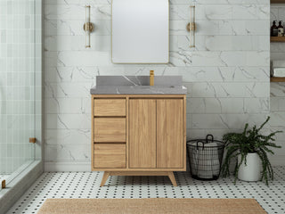 Madison Teak 36 Right Offset Bath Vanity in Light Natural 2" Piatra Gray