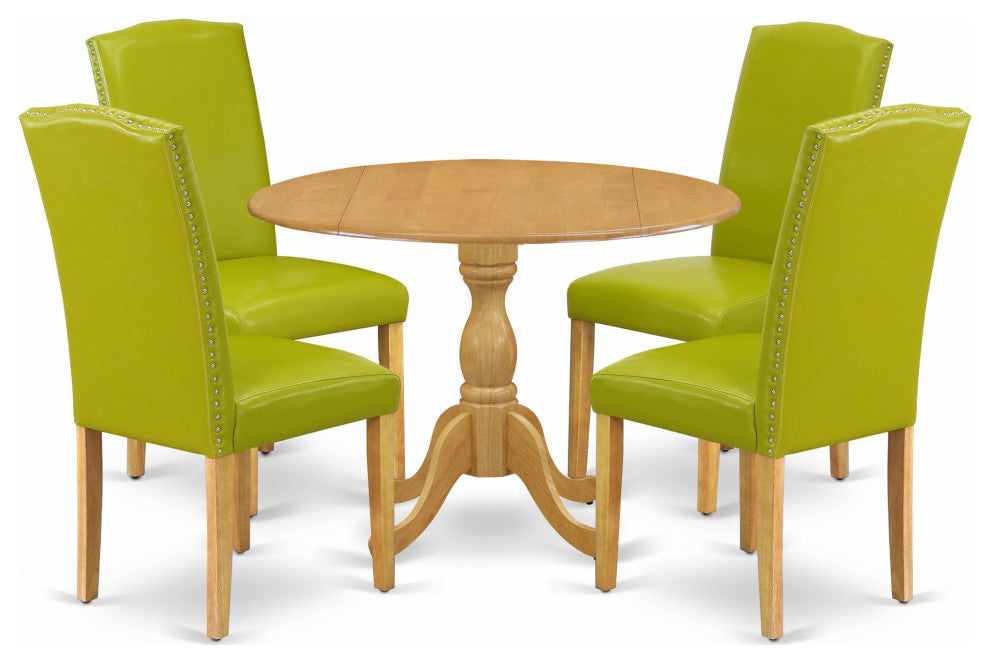 5 Pc Dining Set, Oak Breakfast Table, 4 Autumn Green Leather Chairs, Oak Finish
