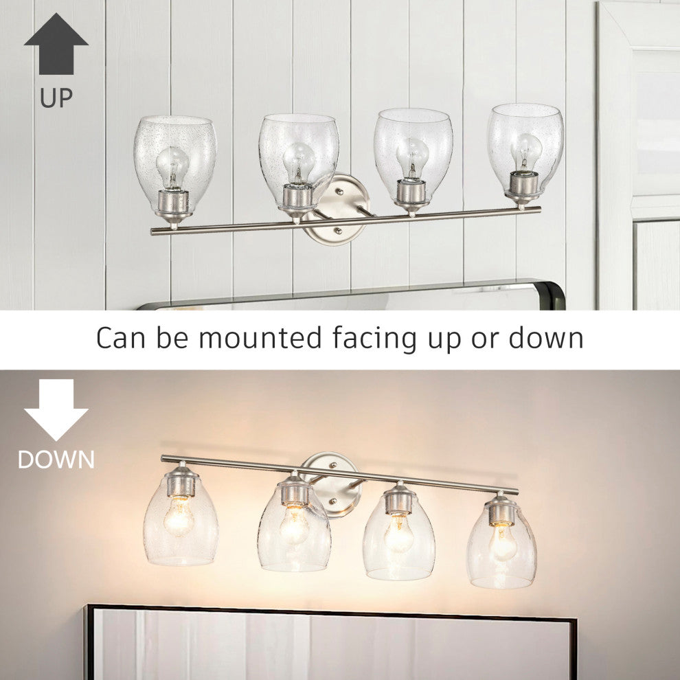 30 in. 4-Light Brushed Nickel Vanity Light With Bell-shaped Seedy Glass Shades