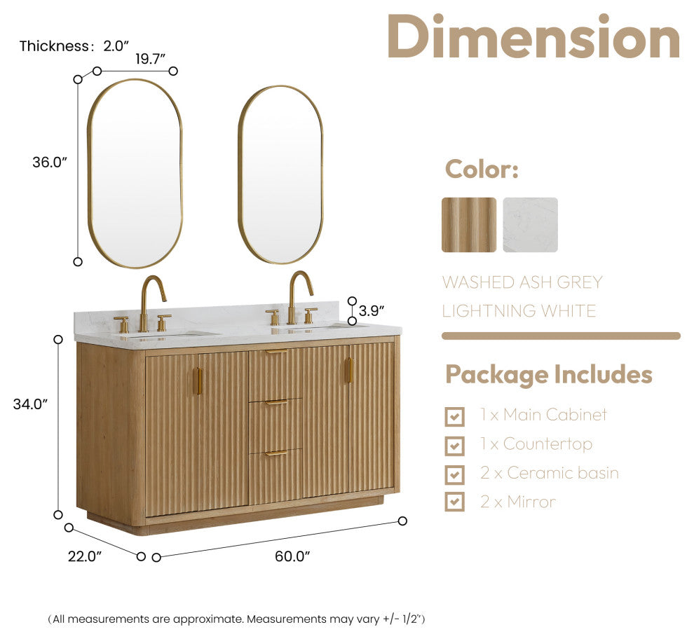 Vinnova Cadiz Bath Vanity, Composite Stone Top, Washed Ash Grey, 60", With Mirror