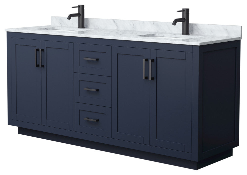 72" Double Bathroom Vanity, Dark Blue, Carrara Countertop, Sinks, Black Trim