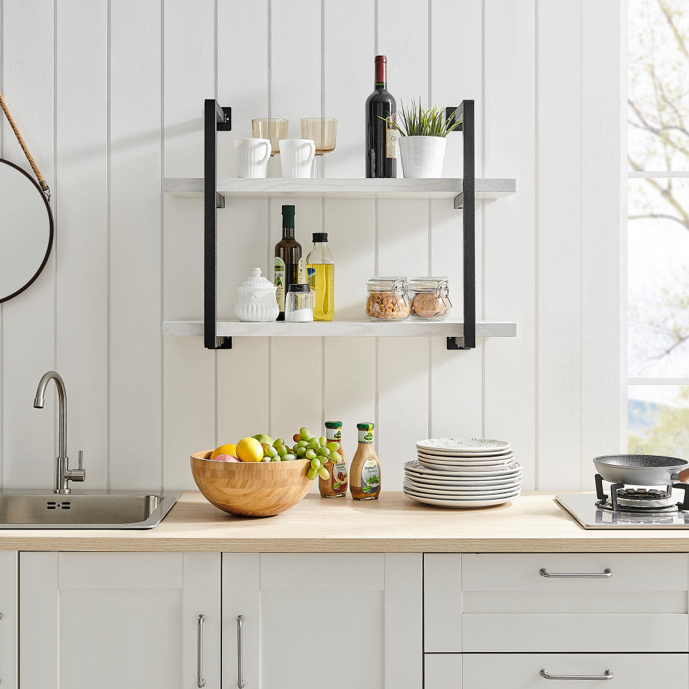 Danya B. Modern 2-Tier Hanging Wall Shelves, Metal and White Birch Finish